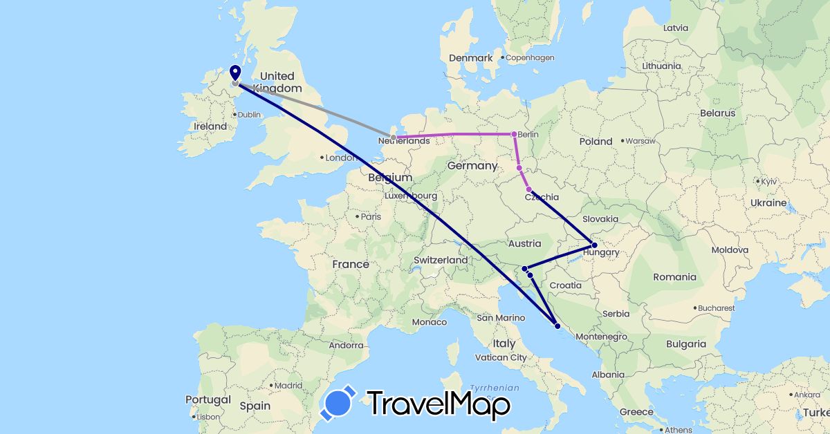 TravelMap itinerary: driving, plane, train in Czech Republic, Germany, United Kingdom, Croatia, Hungary, Netherlands, Slovenia (Europe)
